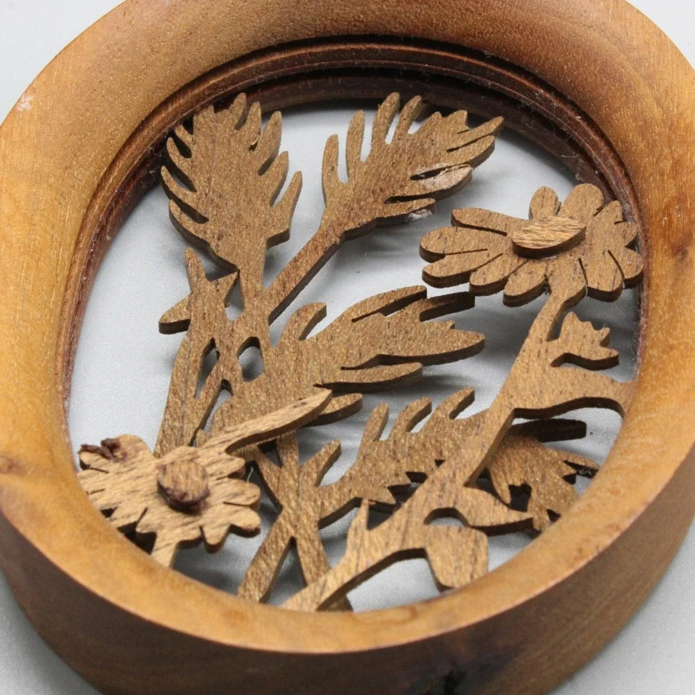 Wooden Floral Wall Plaque Oval Carved Cutout Brown Rustic Folk Art 4in